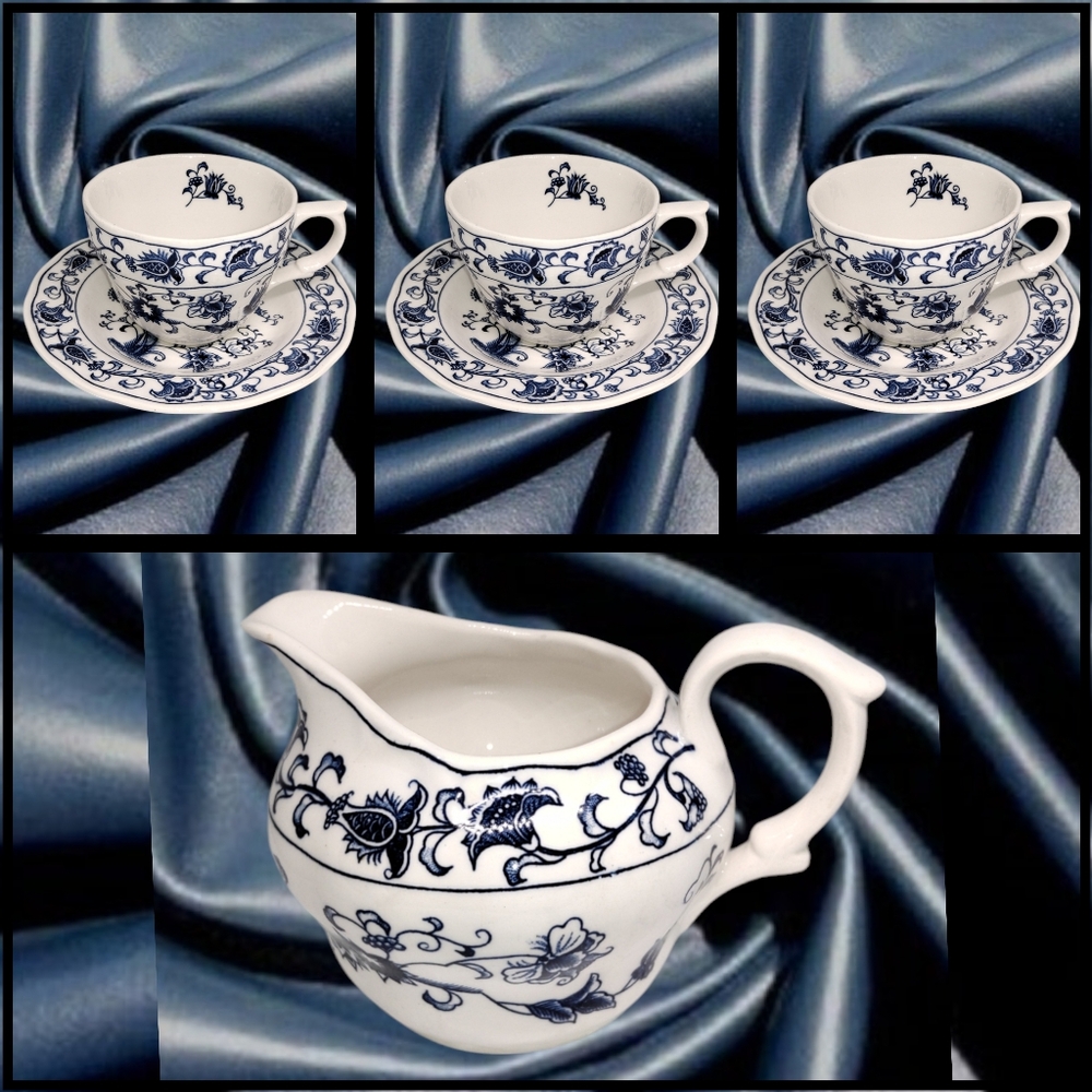 Ironstone Ming Tree ~ Blue and White Floral Teacup Set with Creamer. Japan - Picture 1 of 11